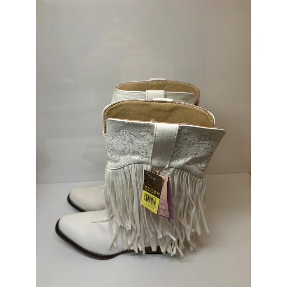 Roper Girls White Faux Leather Fringe Rickrack Snip Toe Cowboy Boots Size 1 NEW